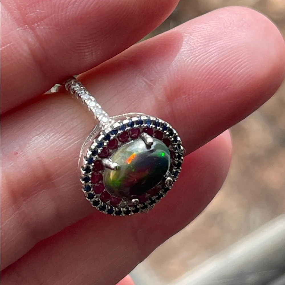 Black Opal, Ruby & Sapphire Ring in 925 Sterling Silver Size 6 CZ Accent - Picture 5 of 10
